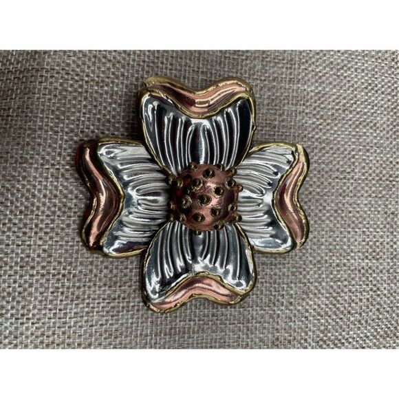 Vintage Dogwood Flower Broach Has Bail and Pin Gold Tone, Silver and Copper Retr - Picture 3 of 8